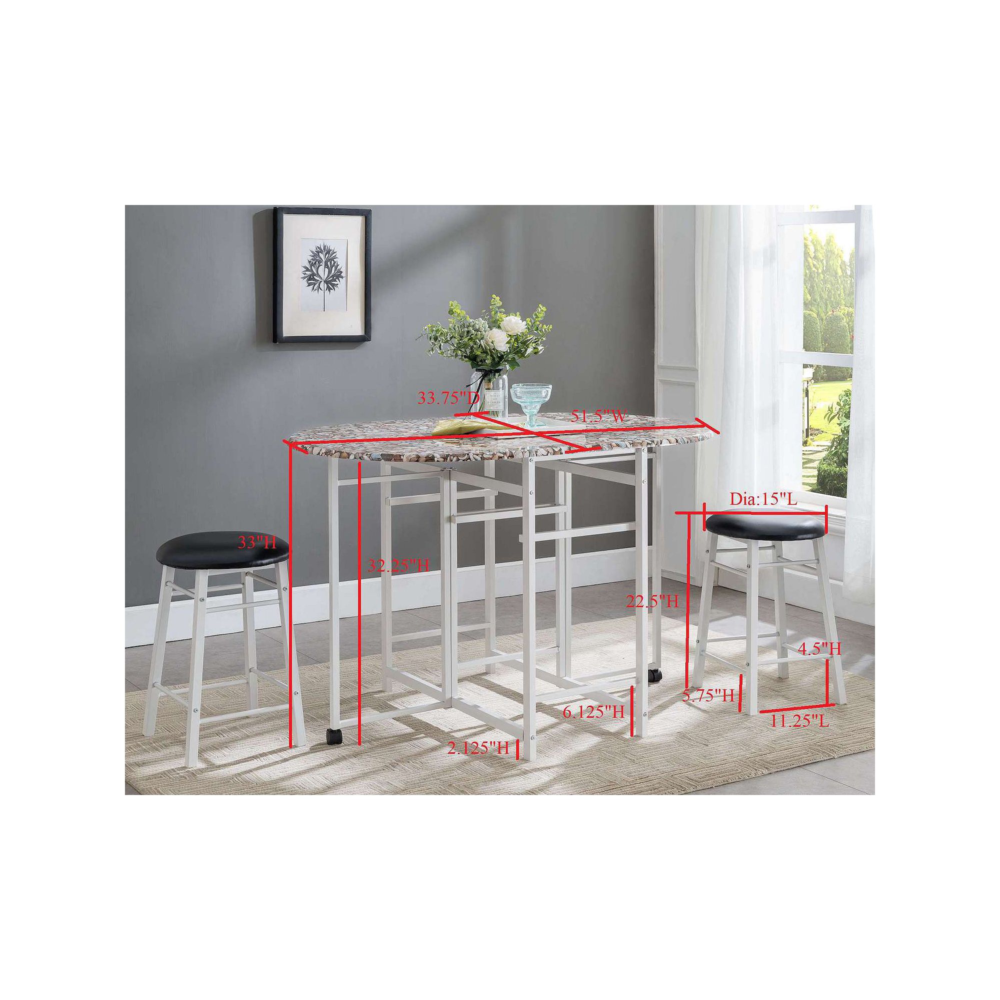 Dinette set drop-leaf table with chair size dimensions diagram