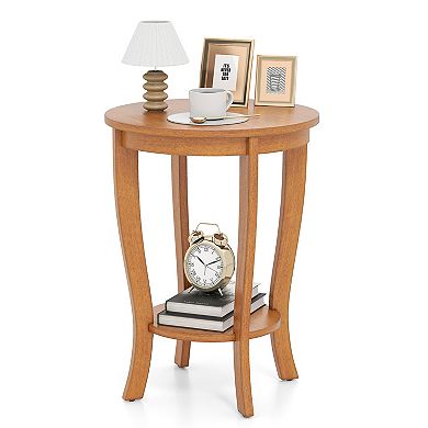 2-tier Round End Table with Solid Wood Legs