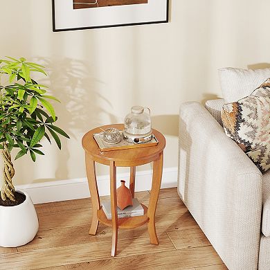 2-tier Round End Table with Solid Wood Legs