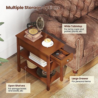 2-Piece Narrow 3-Tier End Table Set with Drawer & Storage Shelves