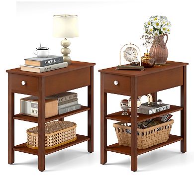 2-Piece Narrow 3-Tier End Table Set with Drawer & Storage Shelves