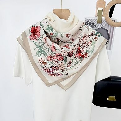 Women's Floral Print Square Scarf with Draped Fabric and Elegant Border Detailing 35.5x35.5in