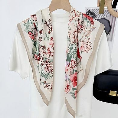 Women's Floral Print Square Scarf with Draped Fabric and Elegant Border Detailing 35.5x35.5in