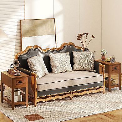 2 Pieces Retro Narrow Tiered End Table with Drawer and Storing Shelf