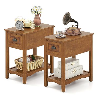 2 Pieces Retro Narrow Tiered End Table with Drawer and Storing Shelf