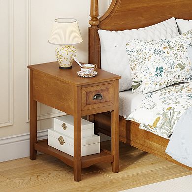 2 Pieces Retro Narrow Tiered End Table with Drawer and Storing Shelf