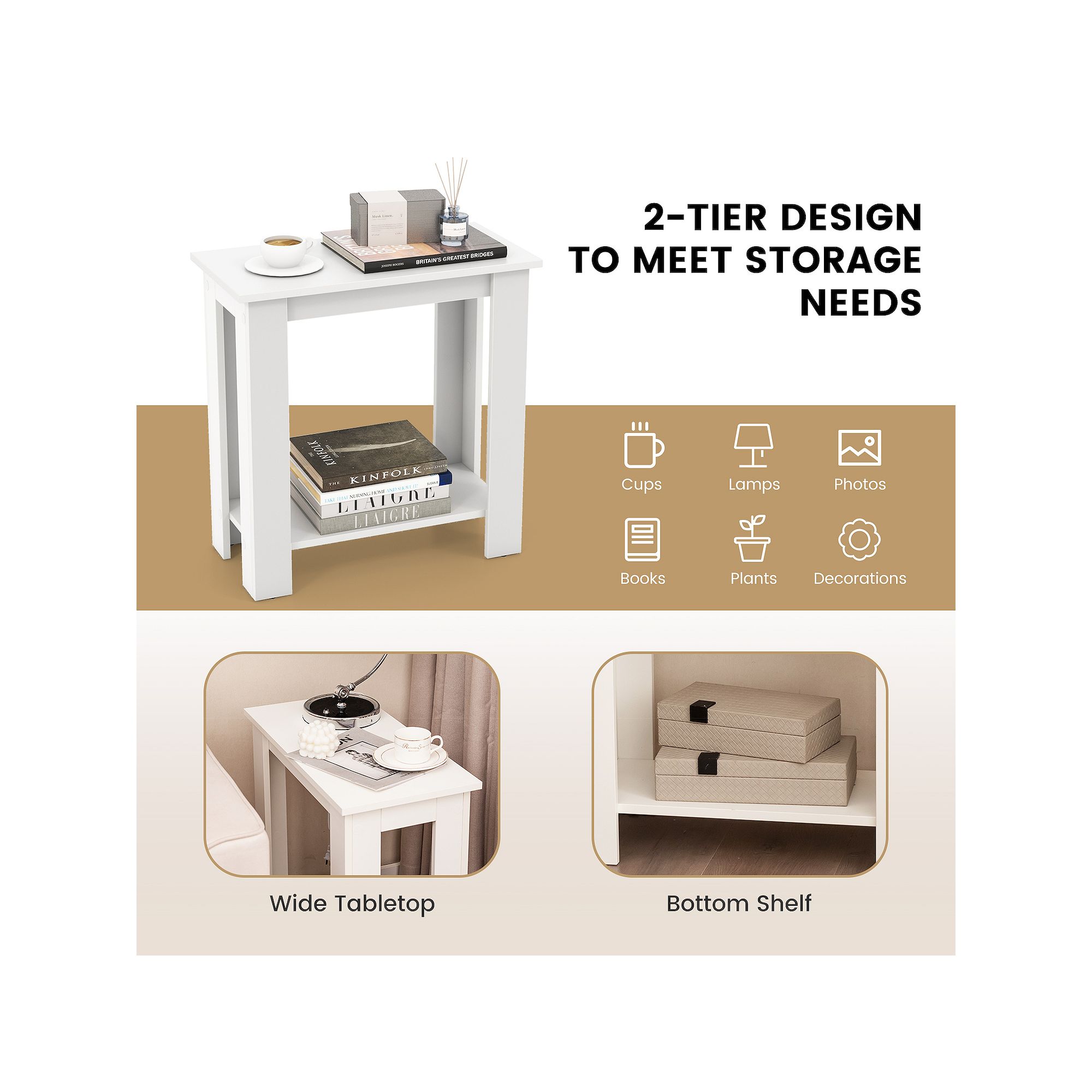 2-tier design compact end table with storage shelf in white.
