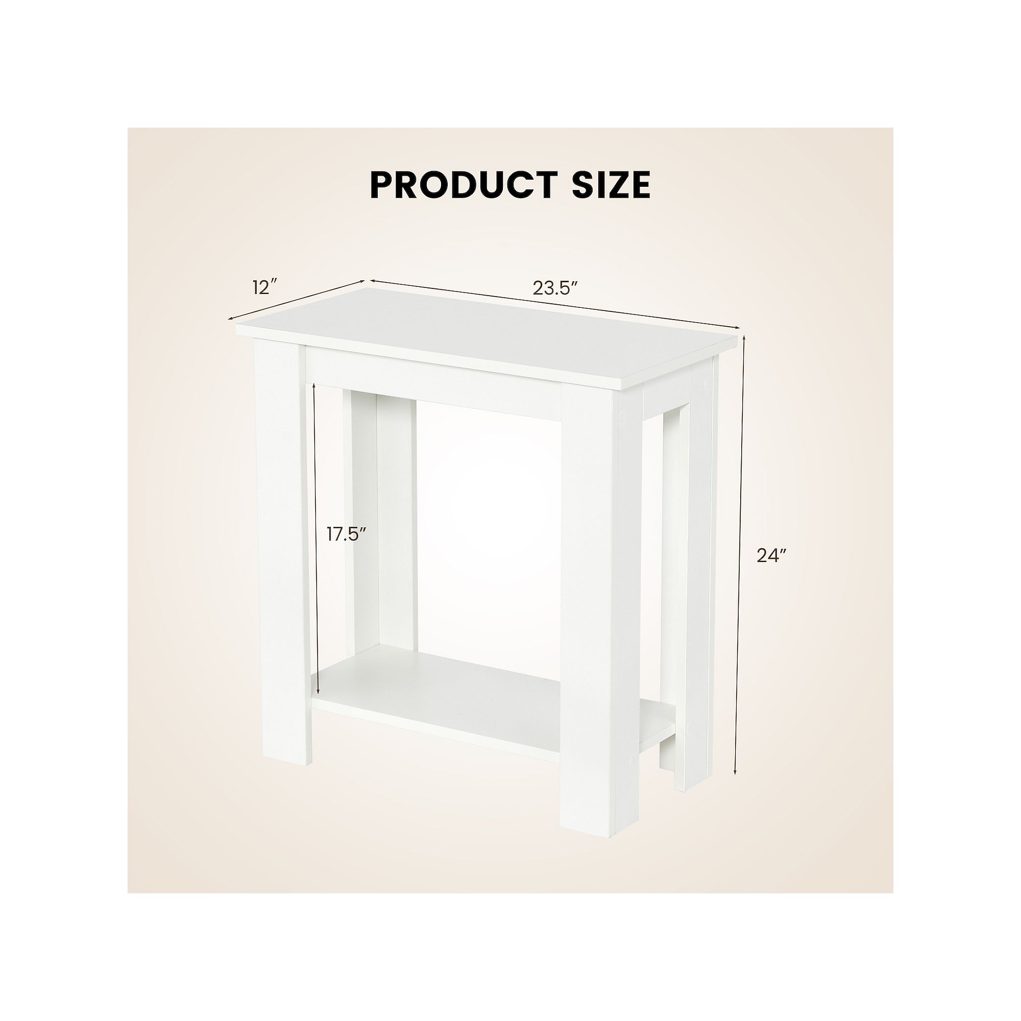 Product size diagram for 2-tier compact end table with storage shelf.