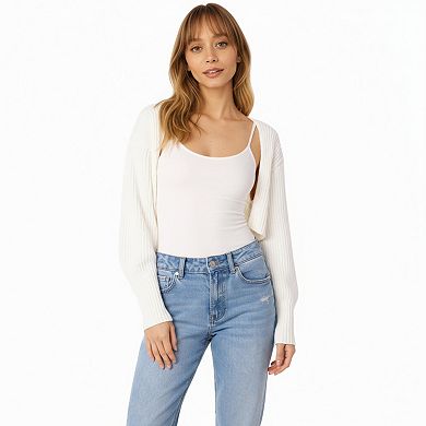 Women's Ribbed Knit Shrug Cardigan with Long Balloon Sleeves and Open Front Design
