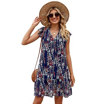 Women's Babydoll Mini Dress Summer Casual V Neck Flutter Sleeve Boho Floral Flowy Shift Short Dress