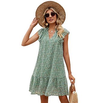 Women's Babydoll Mini Dress Summer Casual V Neck Flutter Sleeve Boho Floral Flowy Shift Short Dress