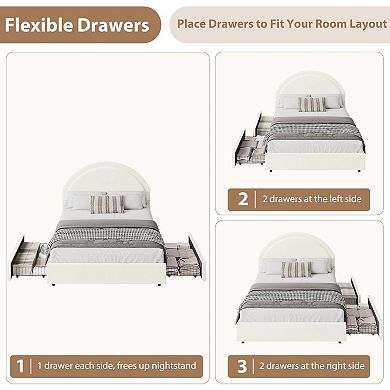 Twin/Full/Queen Size Boucle Upholstered Platform Bed- Round Headboard & 2 Storage Drawers,Heavy Duty