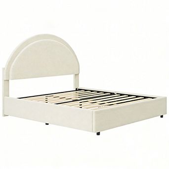 Twin/Full/Queen Size Boucle Upholstered Platform Bed- Round Headboard & 2 Storage Drawers,Heavy Duty