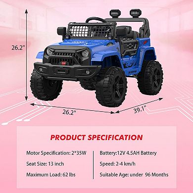 12V Kid Ride-on Truck with Remote Control,Electric Car with Spring Suspension,LED Lights & Bluetooth