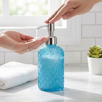 CASAFOYER Glass Soap Dispenser (15 Oz), Refillable Dishwash Liquid Dispenser for Kitchen (Blue)