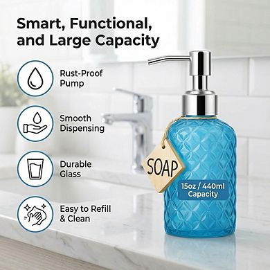 CASAFOYER Glass Soap Dispenser (15 Oz), Refillable Dishwash Liquid Dispenser for Kitchen (Blue)