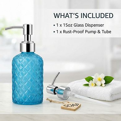 CASAFOYER Glass Soap Dispenser (15 Oz), Refillable Dishwash Liquid Dispenser for Kitchen (Blue)