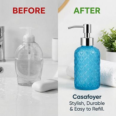 CASAFOYER Glass Soap Dispenser (15 Oz), Refillable Dishwash Liquid Dispenser for Kitchen (Blue)