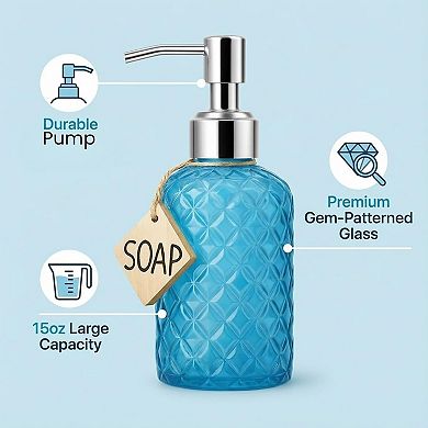 CASAFOYER Glass Soap Dispenser (15 Oz), Refillable Dishwash Liquid Dispenser for Kitchen (Blue)