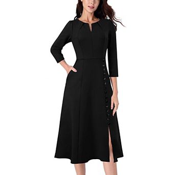 Womens Elegant A-Line Pleated Midi Dress with Front Slit