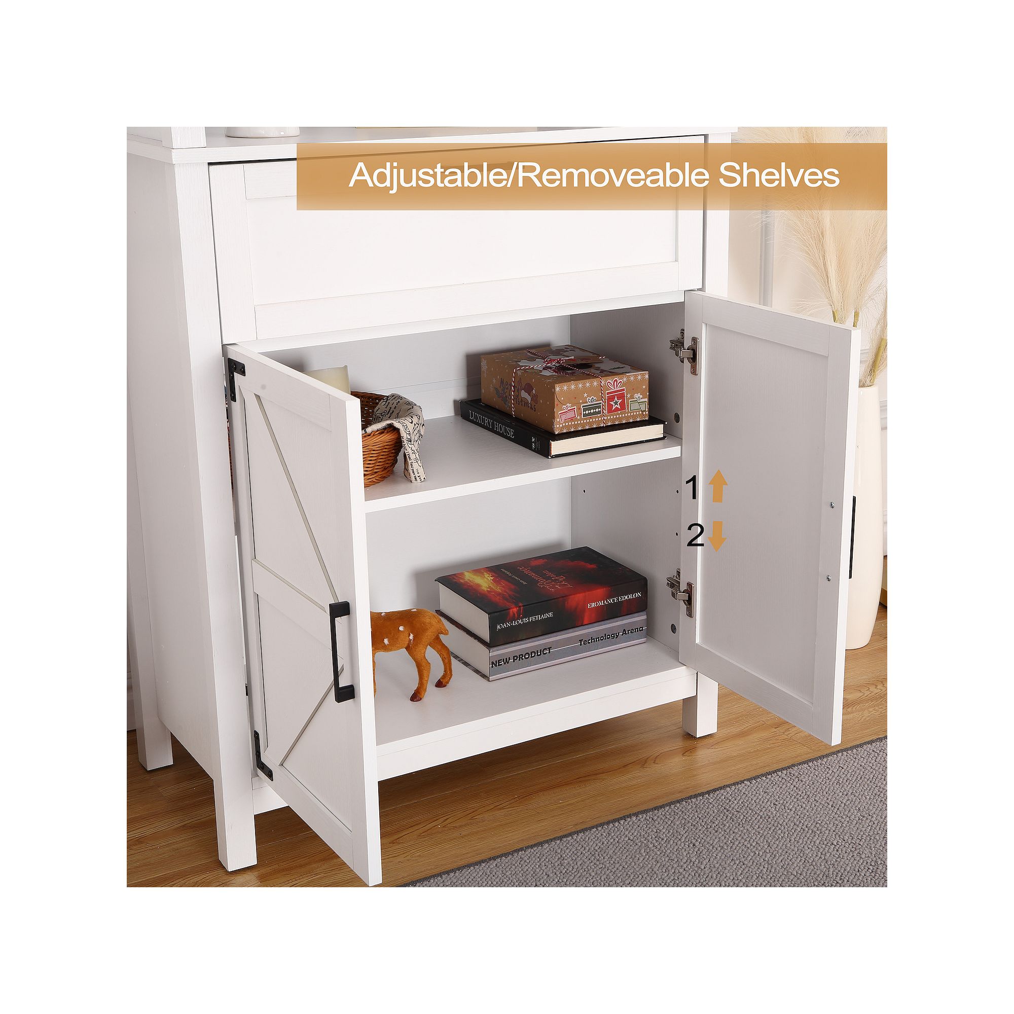 Open farmhouse bookshelf doors showing interior shelves and drawer