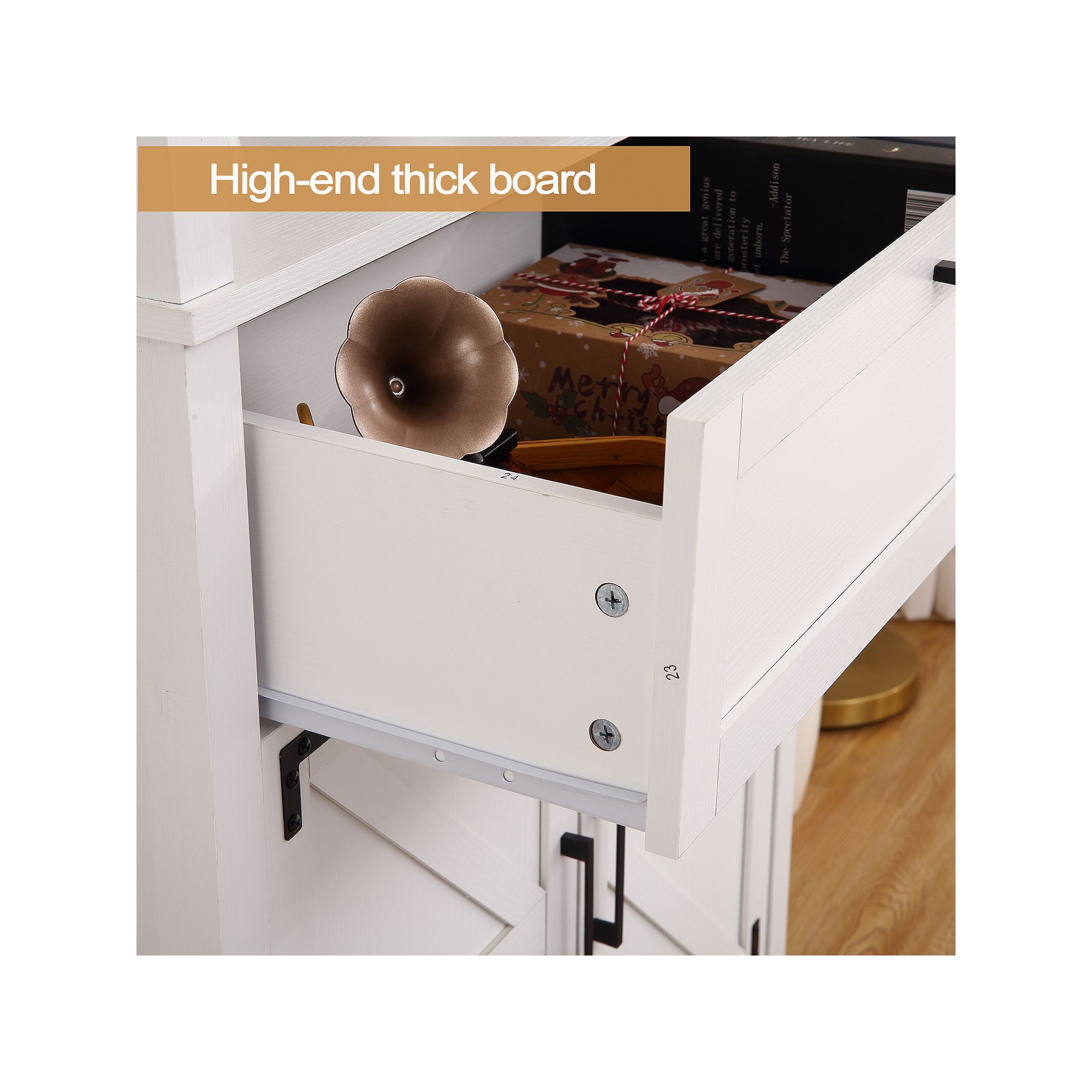 Close-up of white bookshelf door and thick-board construction support