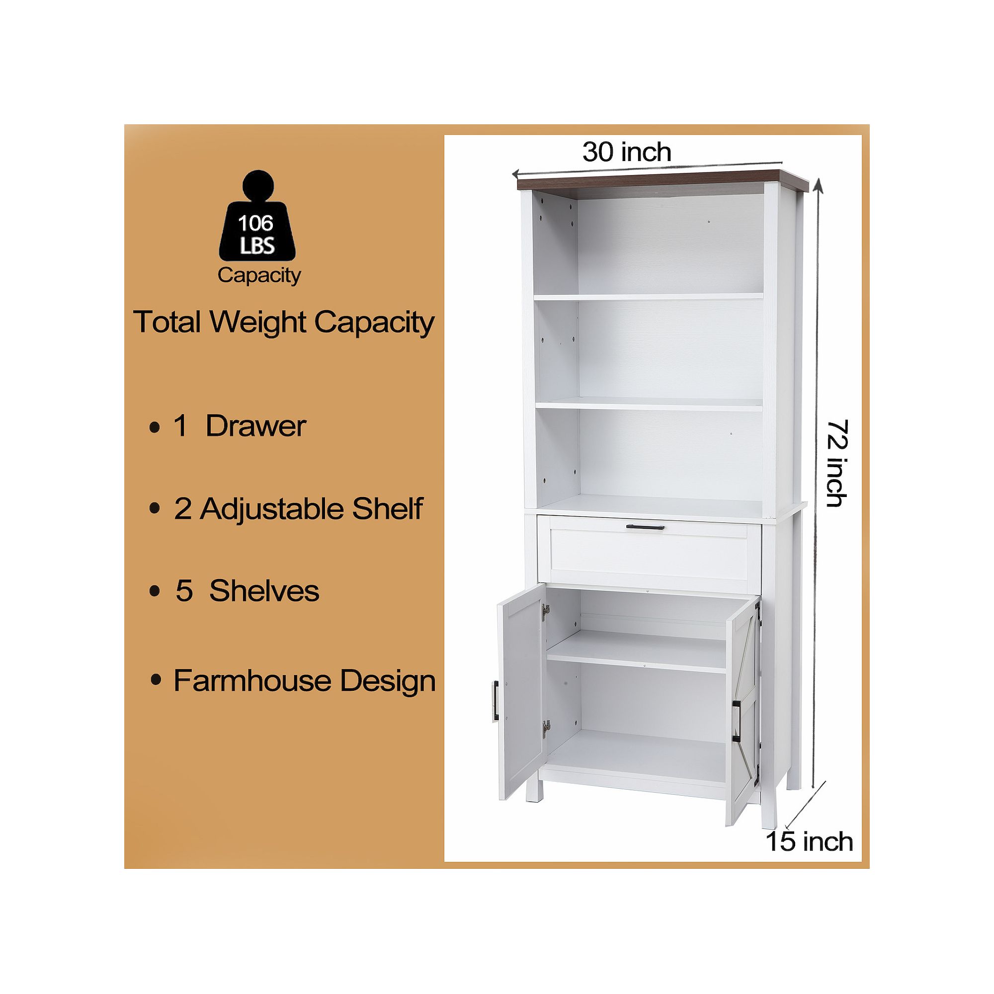 Farmhouse bookshelf dimensions and capacity for 6-tier unit
