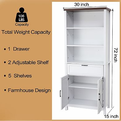 Fancihabor 6-Tier Farmhouse Bookshelf with Doors and Drawer Floor Standing