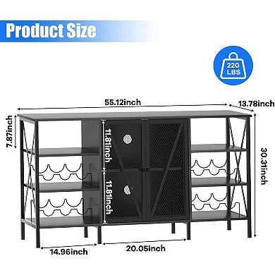 Industrial 4-Tier Wine Bar Cabinet with LED Light, Wine Rack & Mesh Door - Sideboard for Kitchen