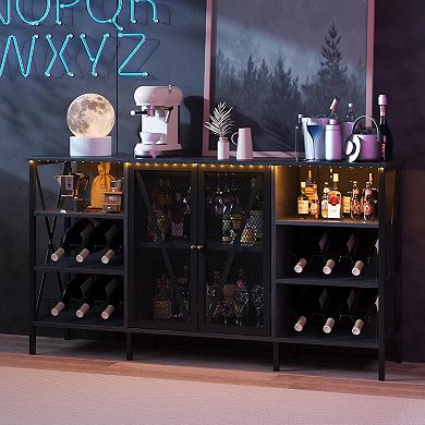 Industrial 4-Tier Wine Bar Cabinet with LED Light, Wine Rack & Mesh Door - Sideboard for Kitchen