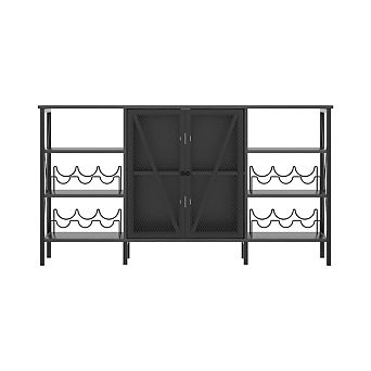 Industrial 4 tier Wine Bar Cabinet with LED Light, Wine Rack & Mesh Door - Sideboard for Kitchen