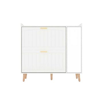 White Wooden Freestanding Shoe Cabinet with Mirror, 2 Flip Drawers & Side Storage