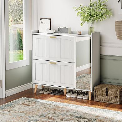 White Wooden Freestanding Shoe Cabinet with Mirror, 2 Flip Drawers & Side Storage