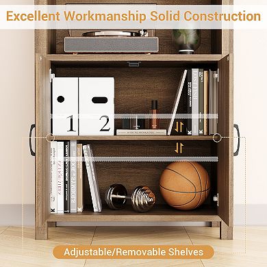 Fancihabor Farmhouse 5-Tier Bookshelf with Doors Adjustable Wooden Storage Bookcase