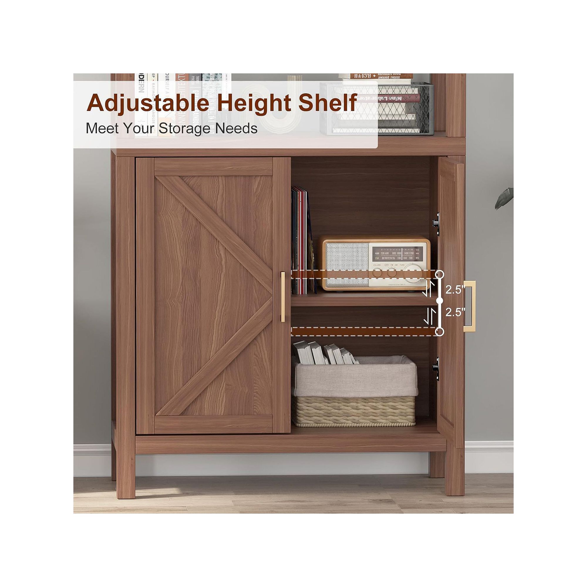 Adjustable height open shelf bookcase cabinet with double doors