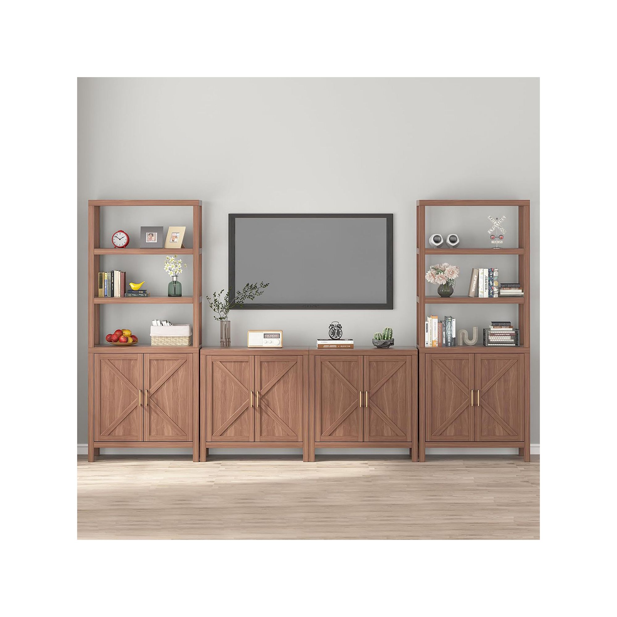 Set of wooden bookcase cabinets with open shelves and double doors
