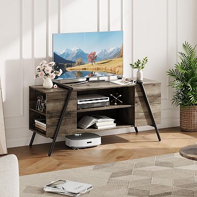 TV Stand with Slanted Metal Legs, Industrial Media Console with Adjustable Open Shelves