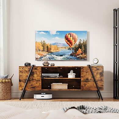 TV Stand with Slanted Metal Legs, Industrial Media Console with Adjustable Open Shelves