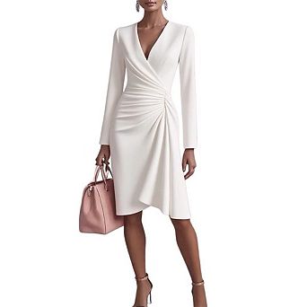 Women's Work Dress V Neck Long Sleeve Ruched A-Line Midi Party Cocktail Dresses