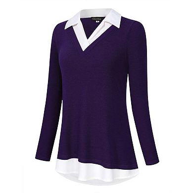 Women's Long Sleeve V-Neck Contrast Collared Shirts Patchwork Work Blouse Tunics Tops