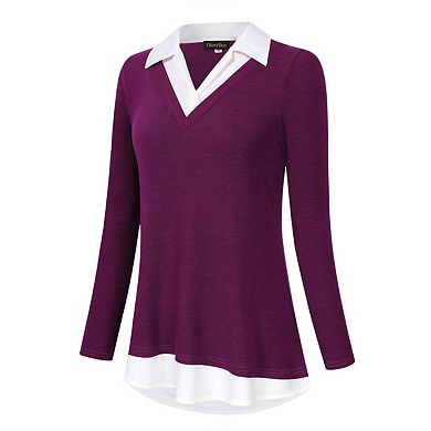 Women's Long Sleeve V-Neck Contrast Collared Shirts Patchwork Work Blouse Tunics Tops