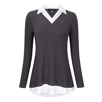 Women's Long Sleeve V-Neck Contrast Collared Shirts Patchwork Work Blouse Tunics Tops