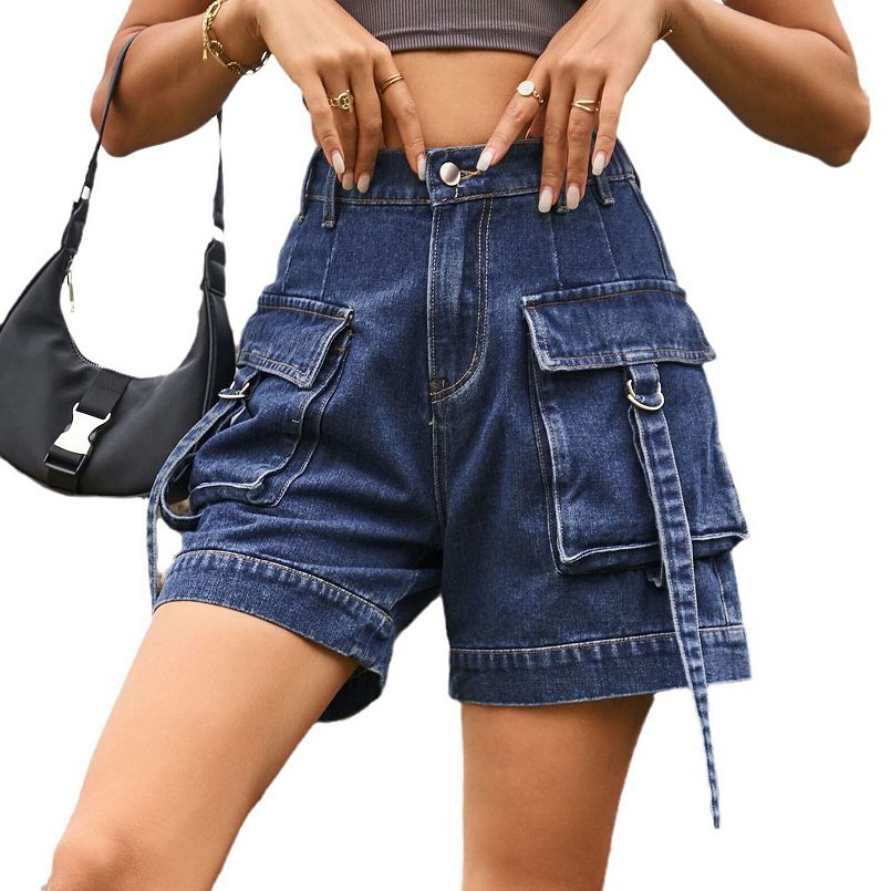 Womens Denim Cargo Shorts Summer Casual Vintage Loose Fit Button Zipper Wide Leg Pants with Pockets