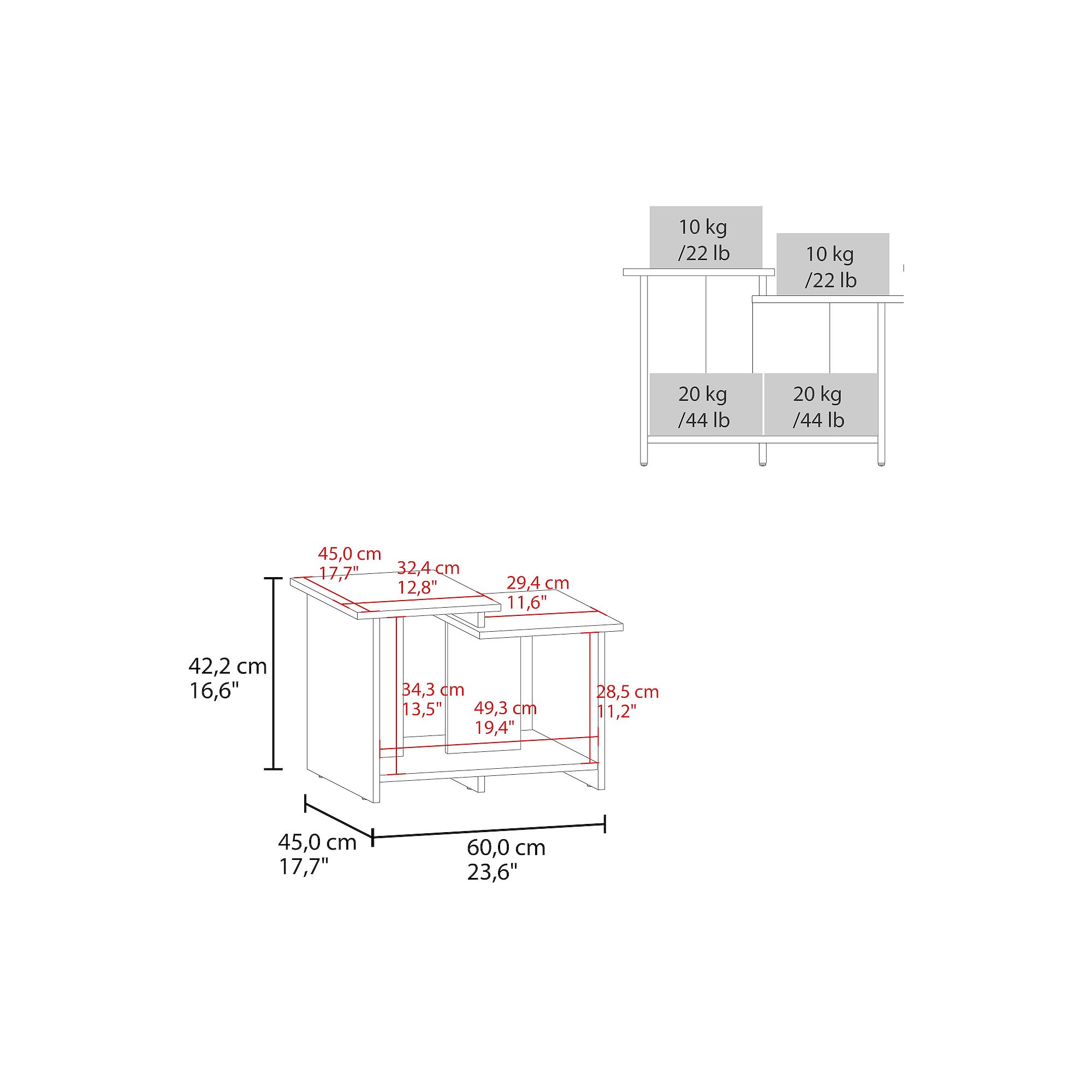 Weman 23.6 coffee table size diagram with dimensions