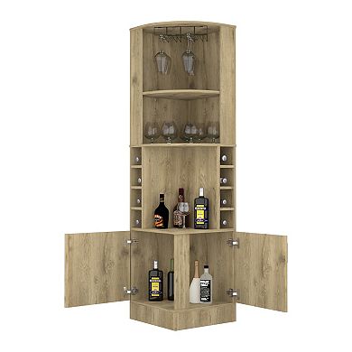 Syrah Corner Bar Cabinet, Eight Bottle Cubbies, Double Door, Two Open Shelves