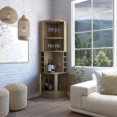 Syrah Corner Bar Cabinet, Eight Bottle Cubbies, Double Door, Two Open Shelves