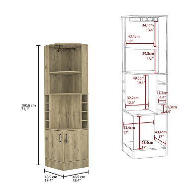 Syrah Corner Bar Cabinet, Eight Bottle Cubbies, Double Door, Two Open Shelves