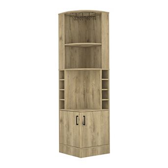 Syrah Corner Bar Cabinet, Eight Bottle Cubbies, Double Door, Two Open Shelves
