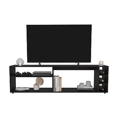 Suxta 63" Wide Tv Stand With Three Open Shelves And Three Bottle Cubbies, Cable Management.