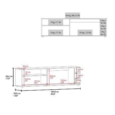 Suxta 63" Wide Tv Stand With Three Open Shelves And Three Bottle Cubbies, Cable Management.